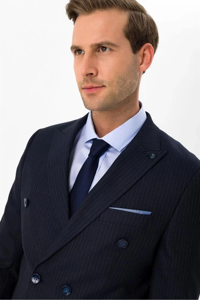 Süvari Dar Kesim Çizgili Lacivert Kruvaze Takım Elbise - 2