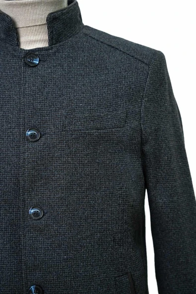 Süvari Rahat Kalıp Hakim Yaka Armürlü Yünlü Siyah Kaban - 5