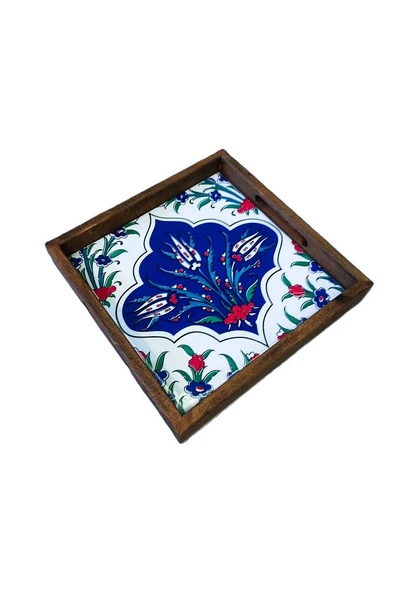 20 X 20 Cm Nihale Çini Mia-83t Ahşap Fırınlanmış Kuru Kayın Çinili Sunum Tepsisi - 10