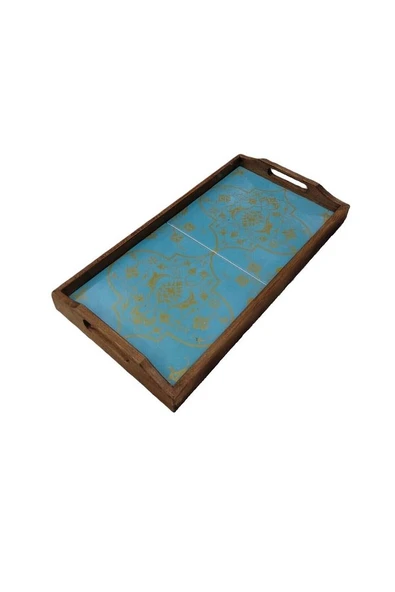 Saraylı Altın Çini Ahşap Fırınlanmış Kuru Kayın Çinili Sunum Tepsi 20x40 Cm - 4