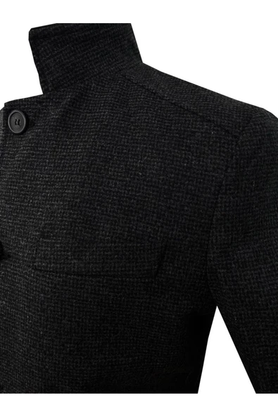 Süvari Rahat Kalıp Hakim Yaka Armürlü Yünlü Siyah Kaban - 2