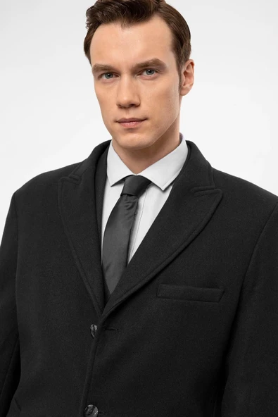 Süvari Slim Fit Yünlü Sivri Yaka Antrasit Erkek Kaban - 5