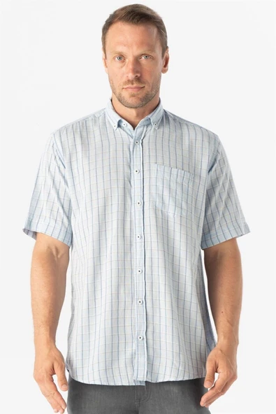 Süvari Bol Kesim Desenli Mavi Kısa Kollu Erkek Gömlek - Resim 3