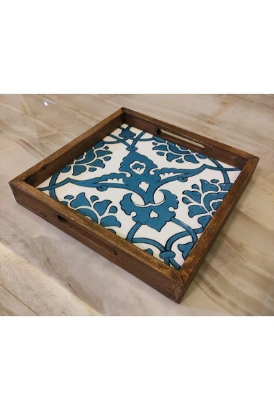 20 X 20 Cm Nihale Çini Mia-83t Ahşap Fırınlanmış Kuru Kayın Çinili Sunum Tepsisi - 3