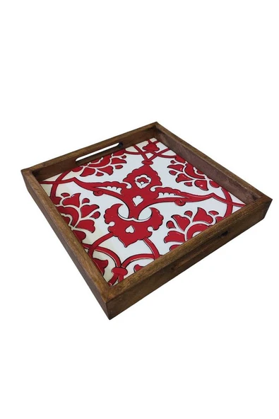 20 X 20 Cm Nihale Çini Mia-83t Ahşap Fırınlanmış Kuru Kayın Çinili Sunum Tepsisi - 5