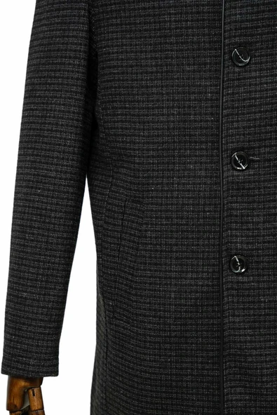 Süvari Rahat Kalıp Hakim Yaka Kareli Yünlü Siyah Kaban - 2