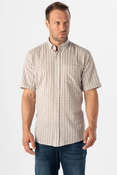 Süvari Bol Kesim Desenli Mavi Kısa Kollu Erkek Gömlek - Resim 10