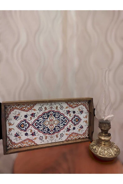 Saraylı Altın Çini Ahşap Fırınlanmış Kuru Kayın Çinili Sunum Tepsi 20x40 Cm - 12