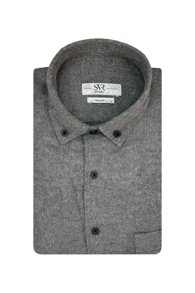 Süvari Bol Kesim Cepli Bej Düz Flanel Kışlık Erkek Gömlek - 11