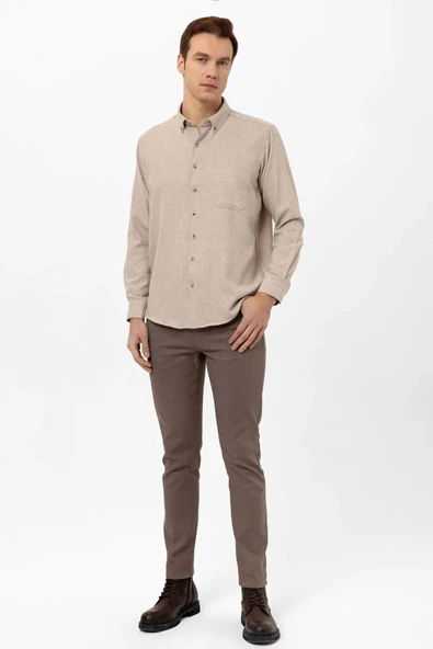 Süvari Bol Kesim Cepli Bej Düz Flanel Kışlık Erkek Gömlek - 2