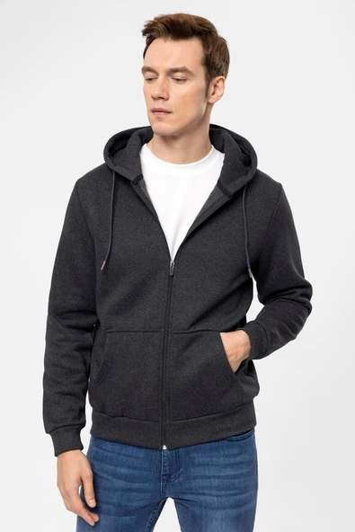Süvari Kapüşonlu Fermuarlı Yaka Regular Kalıp Düz Antrasit Sweatshirt - 3