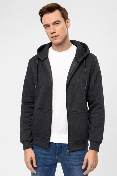 Süvari Kapüşonlu Fermuarlı Yaka Regular Kalıp Düz Antrasit Sweatshirt - 6