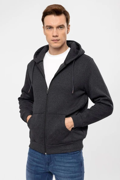 Süvari Kapüşonlu Fermuarlı Yaka Regular Kalıp Düz Antrasit Sweatshirt
