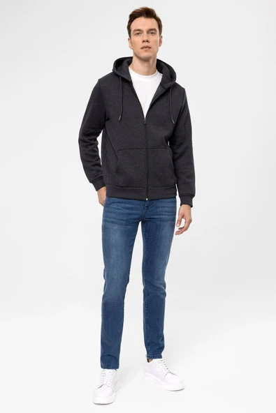 Süvari Kapüşonlu Fermuarlı Yaka Regular Kalıp Düz Antrasit Sweatshirt - 2