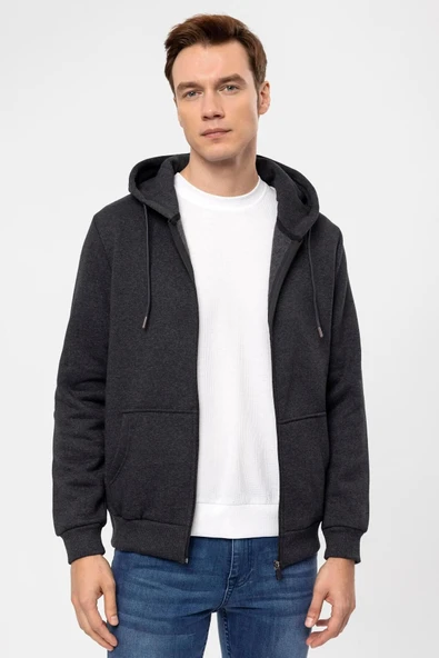 Süvari Kapüşonlu Fermuarlı Yaka Regular Kalıp Düz Antrasit Sweatshirt - 5