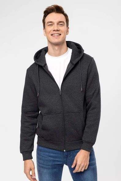 Süvari Kapüşonlu Fermuarlı Yaka Regular Kalıp Düz Antrasit Sweatshirt - 4