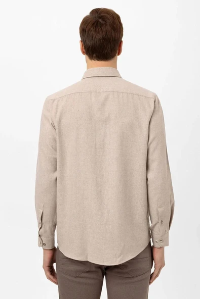 Süvari Bol Kesim Cepli Bej Düz Flanel Kışlık Erkek Gömlek - 4