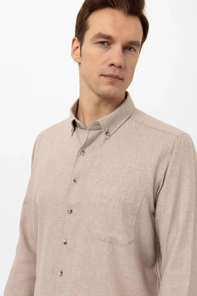 Süvari Bol Kesim Cepli Bej Düz Flanel Kışlık Erkek Gömlek - 3