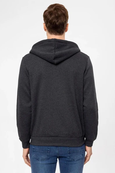 Süvari Kapüşonlu Fermuarlı Yaka Regular Kalıp Düz Antrasit Sweatshirt - 7