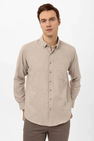 Süvari Bol Kesim Cepli Bej Düz Flanel Kışlık Erkek Gömlek