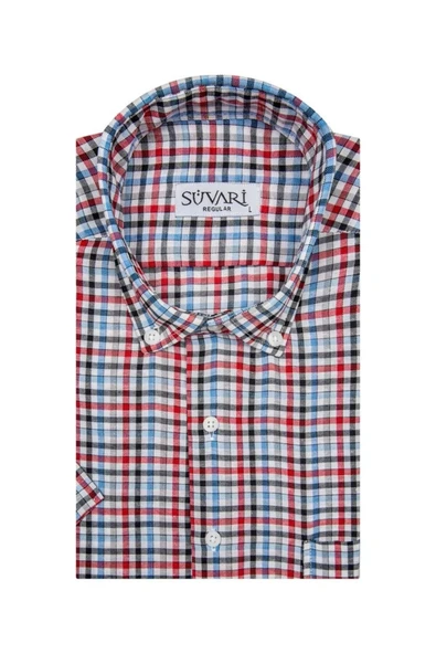 Süvari Bol Kesim Çizgili Kısa Kollu Kırmızı Gömlek