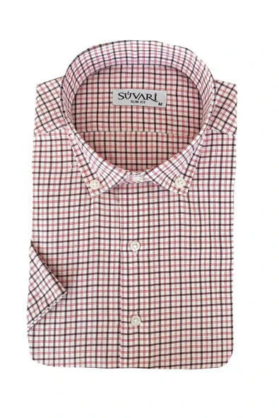 Süvari Slim Fit Kısa Kol Çizgili Kırmızı Gömlek