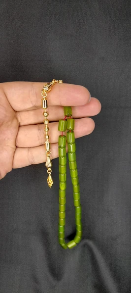 Sıkma Çubuk Kehribar Tesbih Fıçı Kesim Yeşil Renk T-307 - Resim 3