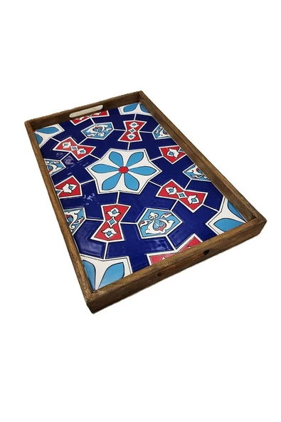 Tepsi 25 x 40 cm Çini MiA-DS Ahşap Fırınlanmış Kuru Kayın Çinili Sunum Tepsisi - 6