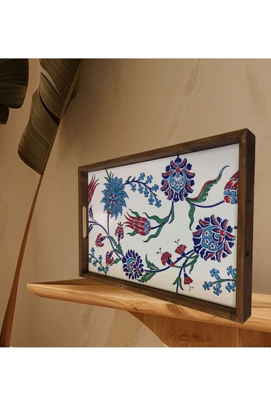 Tepsi 25 x 40 cm Çini MiA-DS Ahşap Fırınlanmış Kuru Kayın Çinili Sunum Tepsisi - 11