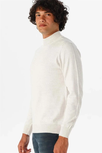 Süvari Rahat Kalıp Yarım Balıkçı Yünlü Ekru Triko