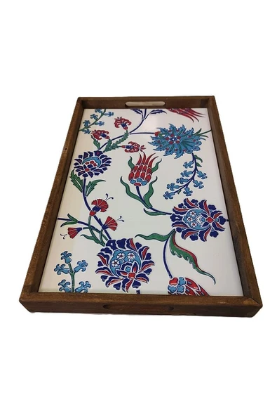 Tepsi 25 x 40 cm Çini MiA-DS Ahşap Fırınlanmış Kuru Kayın Çinili Sunum Tepsisi - 7
