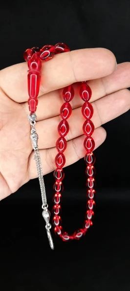 Çubuk Kehribar Tesbih Beyzi Kesim Kırmızı Renk T-366 - Resim 3