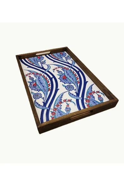 Tepsi 25 x 40 cm Çini MiA-DS Ahşap Fırınlanmış Kuru Kayın Çinili Sunum Tepsisi - 5