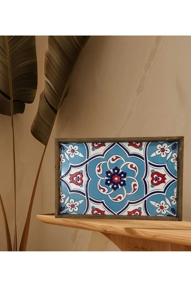 Tepsi 25 x 40 cm Çini MiA-DS Ahşap Fırınlanmış Kuru Kayın Çinili Sunum Tepsisi - 3