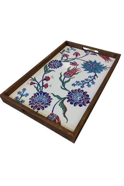 Tepsi 25 x 40 cm Çini MiA-DS Ahşap Fırınlanmış Kuru Kayın Çinili Sunum Tepsisi - 10