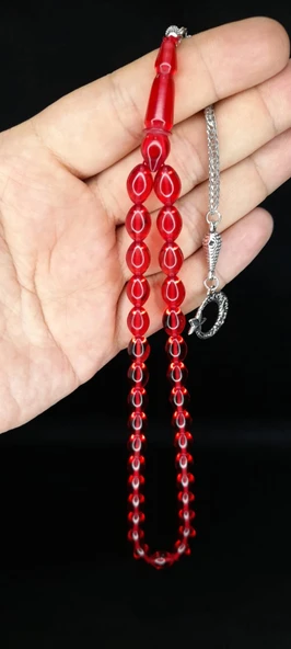 Çubuk Kehribar Tesbih Beyzi Kesim Kırmızı Renk T-366