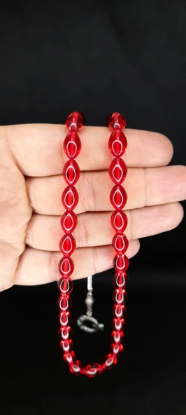 Çubuk Kehribar Tesbih Beyzi Kesim Kırmızı Renk T-366 - Resim 2