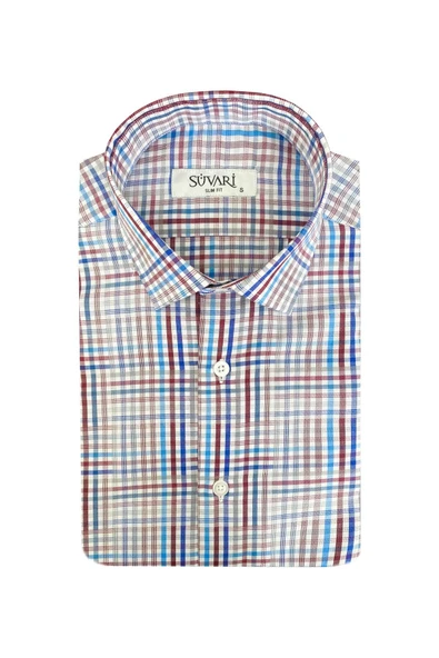 Süvari Dar Kesim Mavi Desenli Kısa Kol Erkek Gömlek