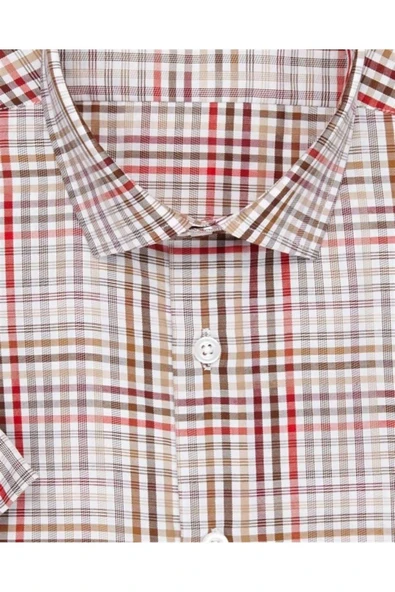 Süvari Dar Kesim Kırmızı Desenli Kısa Kol Erkek Gömlek - 2