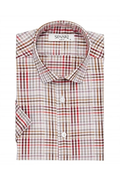 Süvari Dar Kesim Kırmızı Desenli Kısa Kol Erkek Gömlek