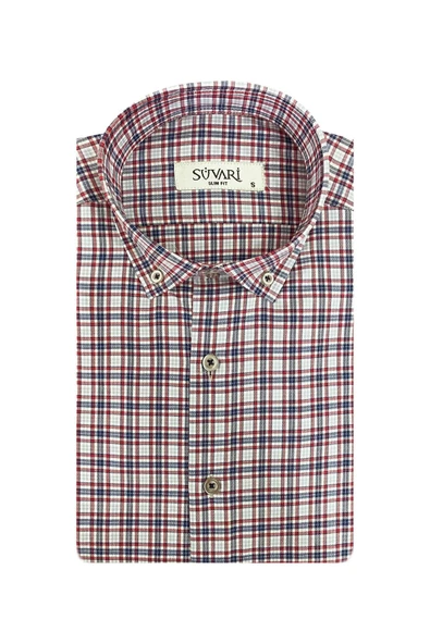 Süvari Dar Kesim Bordo Desenli Kısa Kol Erkek Gömlek