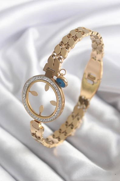 316L Çelik Gold Renk Arpa Model Zirkon Taş Detay Çeyrek Altın Takılabilir Kadın Kelepçe - TJ-BB5765
