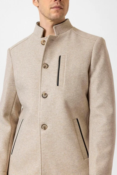 Süvari Bol Kesim Hakim Yaka Dokulu Bej Erkek Kaban - 3