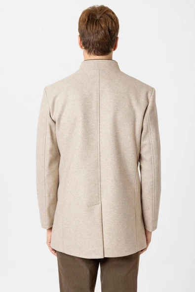 Süvari Bol Kesim Hakim Yaka Dokulu Bej Erkek Kaban - 5