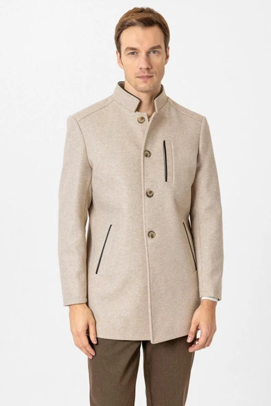 Süvari Bol Kesim Hakim Yaka Dokulu Bej Erkek Kaban - 2