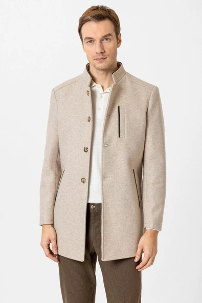 Süvari Bol Kesim Hakim Yaka Dokulu Bej Erkek Kaban