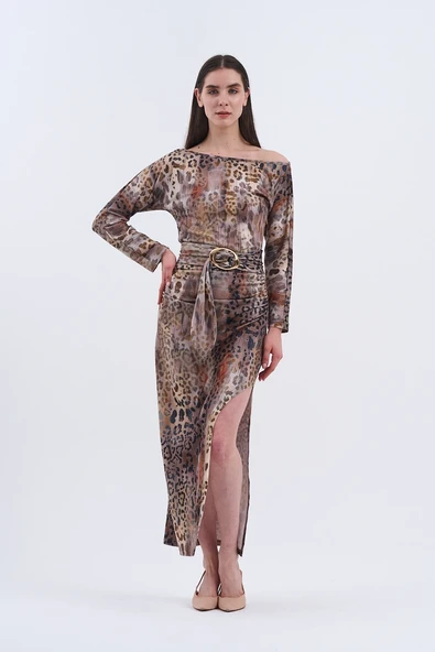 Trend Kadın Leopar Desenli Uzun Elbisemiz, - Resim 7