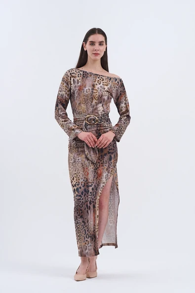 Trend Kadın Leopar Desenli Uzun Elbisemiz, - Resim 11