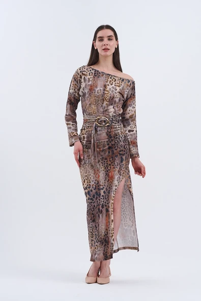 Trend Kadın Leopar Desenli Uzun Elbisemiz, - Resim 5