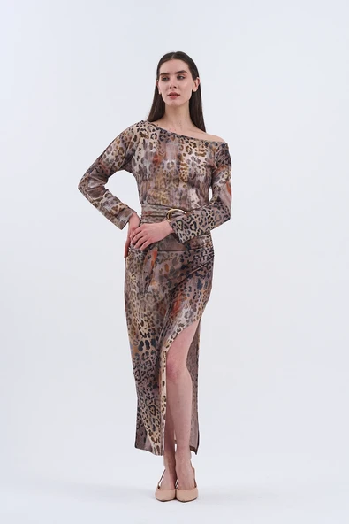 Trend Kadın Leopar Desenli Uzun Elbisemiz, - Resim 4